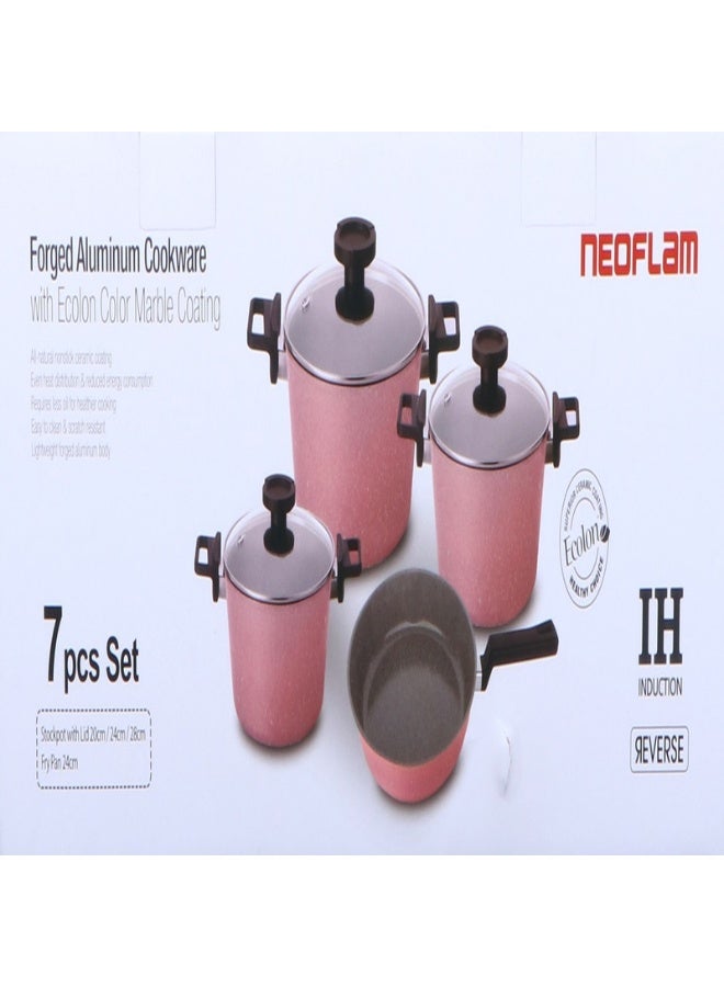 Reverse Forged Aluminum With Marble Coating Cookware Set With Glass Lid 7 Pieces Set (Pot 20 24 28cm Frypan 24cm) Pink