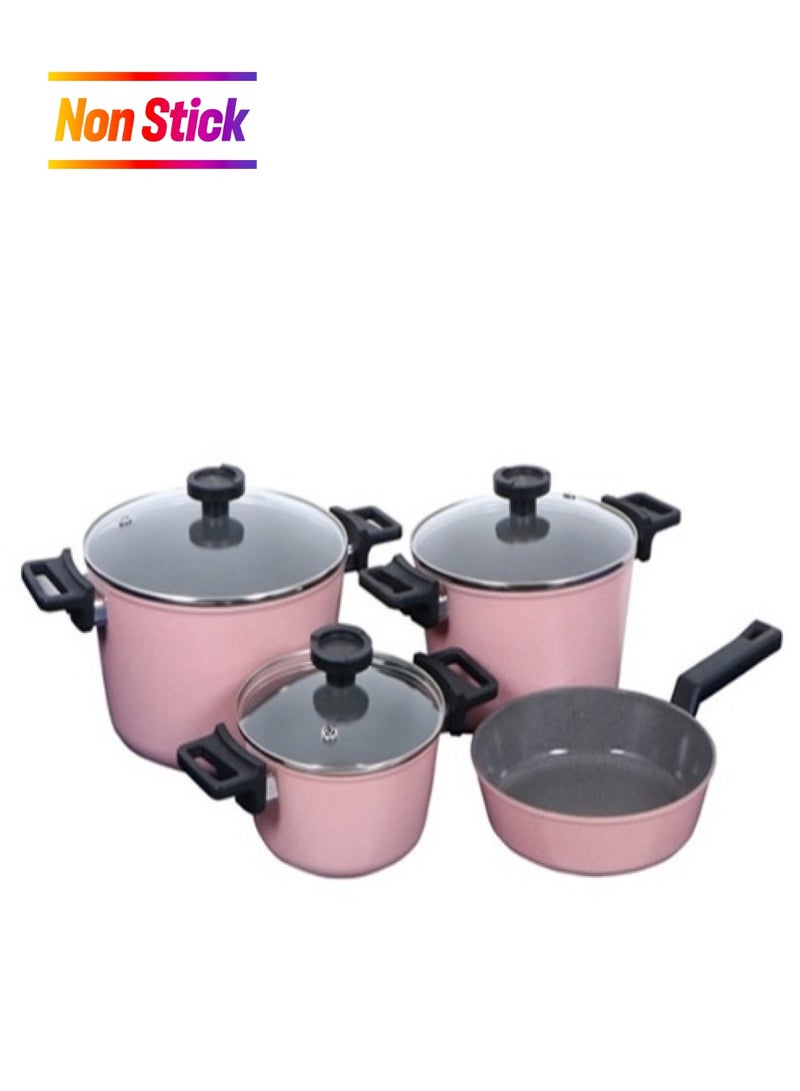 Reverse Forged Aluminum With Marble Coating Cookware Set With Glass Lid 7 Pieces Set (Pot 20 24 28cm Frypan 24cm) Pink