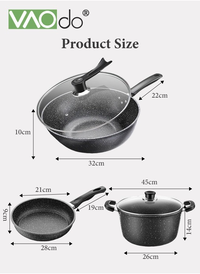 3PCS Non Stick Saucepan Set Common to All Stoves Anti-Scalding Handle Fast Heat Conduction Cookware 21cm Fry Pan 32cm Wok Pan 26cm Sauce Pan