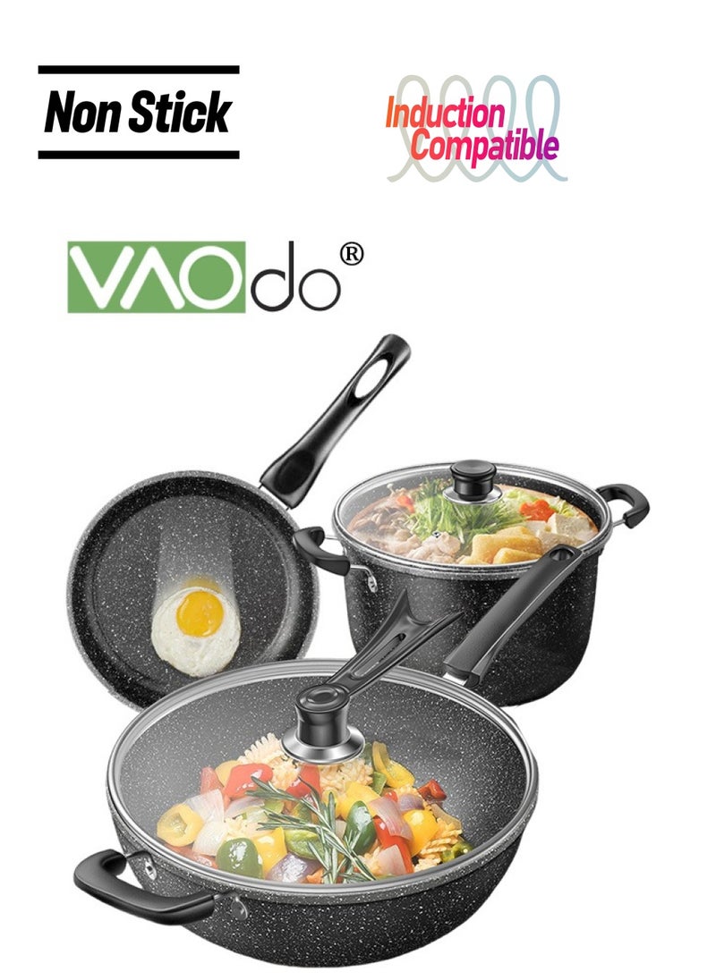 3PCS Non Stick Saucepan Set Common to All Stoves Anti-Scalding Handle Fast Heat Conduction Cookware 21cm Fry Pan 32cm Wok Pan 26cm Sauce Pan