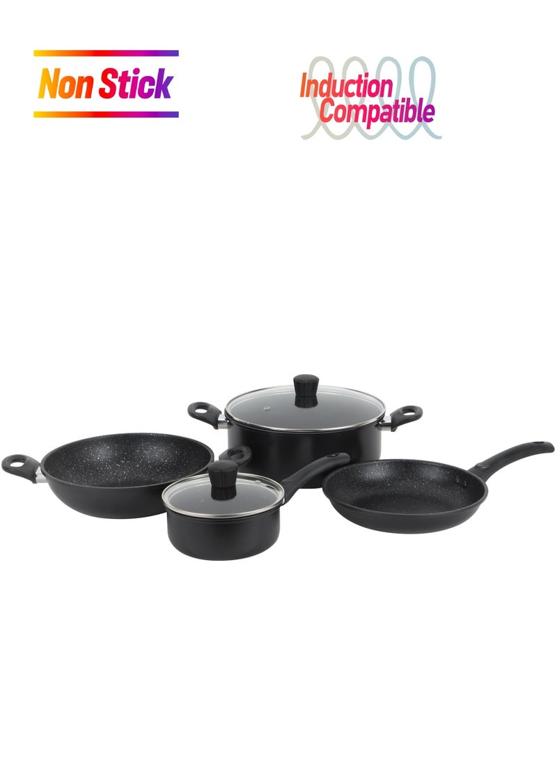 Royalford Aurora 6-piece Forged Aluminum Cookware Set- RF12628/ Durable Nonstick Granite Coating with 5-Layer Construction, Dot Induction Bottom and Glass Lid/ Includes Kadai, Casserole, Saucepan, Fry Pan Black Largecm