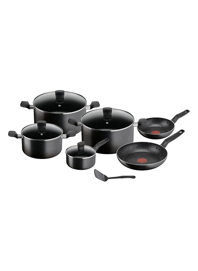 TEFAL Dark Stone | 11 pc set | Non-stick Cookware | Safe coating | Heat indicator | Ergonomic handles | Glass lid | Gas | Electric | Ceramic hobs | 2 Years Warranty | B491BS85 Marble - Black White Grey Dots Su