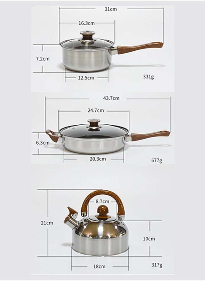 6-Piece Set of Pot Wooden Handle with Kettle Pot Set of Kitchen Cooking Pot Set