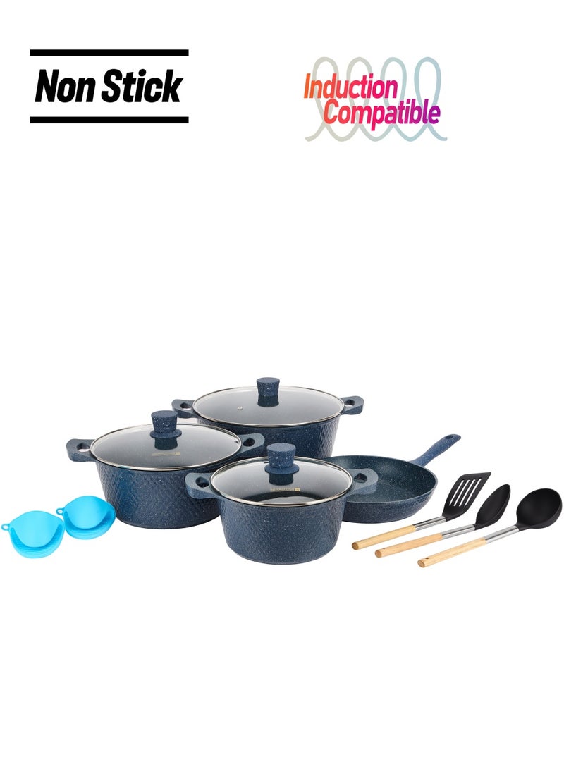 Royalford 12-piece Chef Pride Die-Cast Aluminum Cookware Set- RF12488/ Granite Coated with 2.5 mm Thickness, Induction Base, Handles and Glass Lid Blue