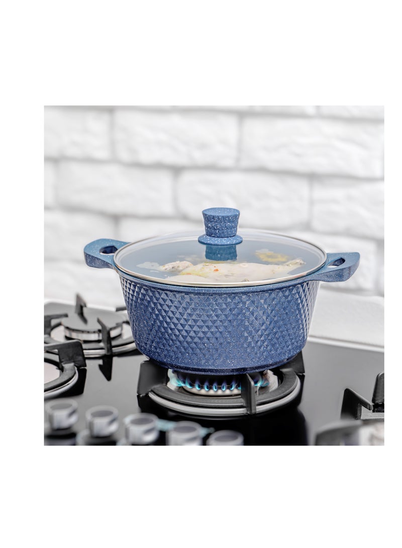 Royalford 12-piece Chef Pride Die-Cast Aluminum Cookware Set- RF12488/ Granite Coated with 2.5 mm Thickness, Induction Base, Handles and Glass Lid Blue