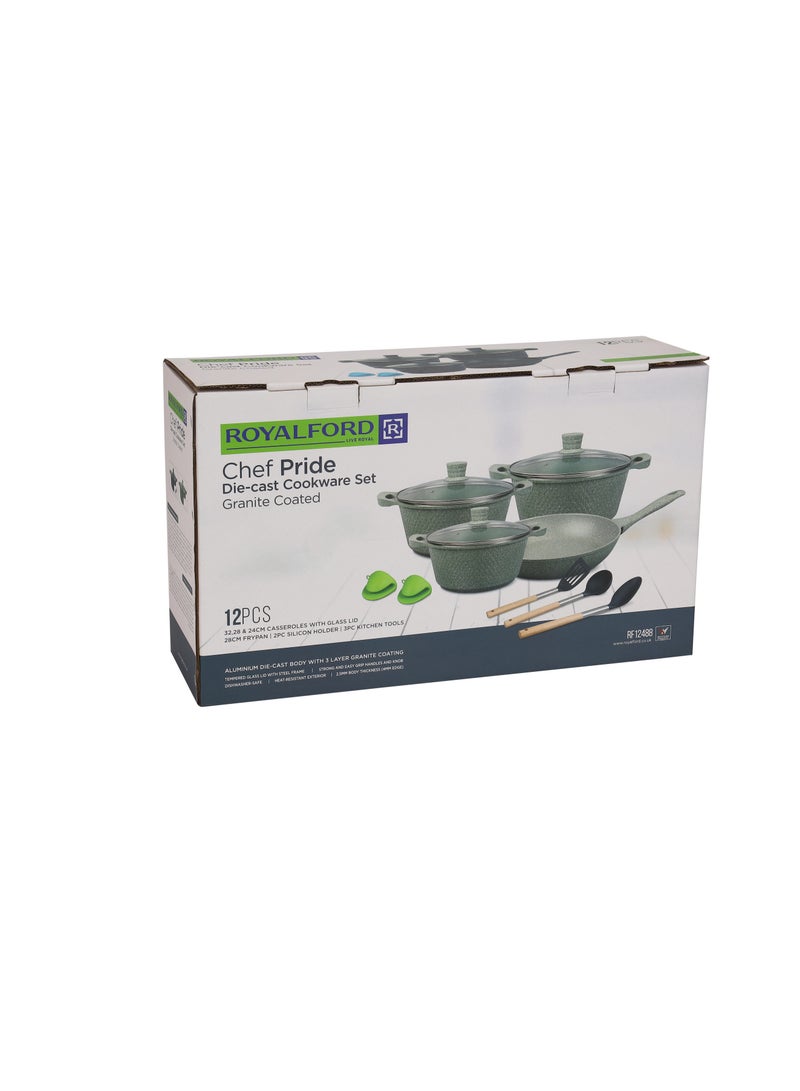 Royalford 12-piece Chef Pride Die-Cast Aluminum Cookware Set- RF12488/ Granite Coated with 2.5 mm Thickness, Induction Base, Handles and Glass Lid Blue