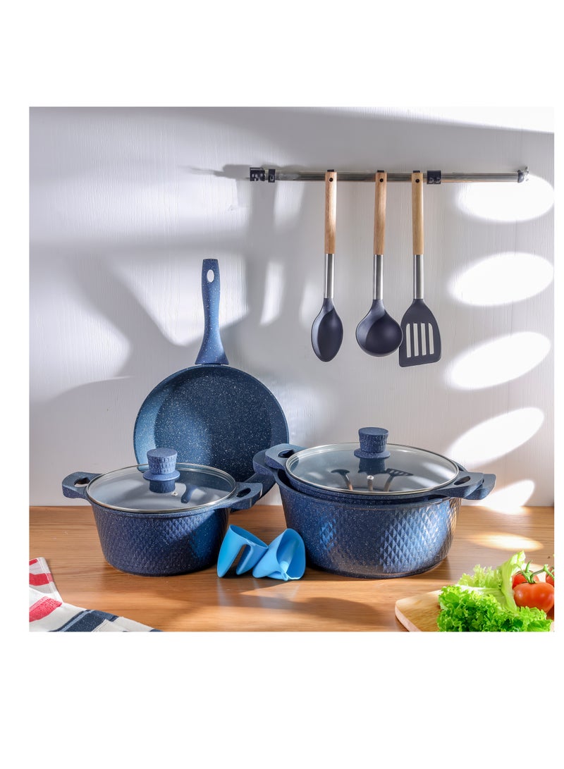 Royalford 12-piece Chef Pride Die-Cast Aluminum Cookware Set- RF12488/ Granite Coated with 2.5 mm Thickness, Induction Base, Handles and Glass Lid Blue