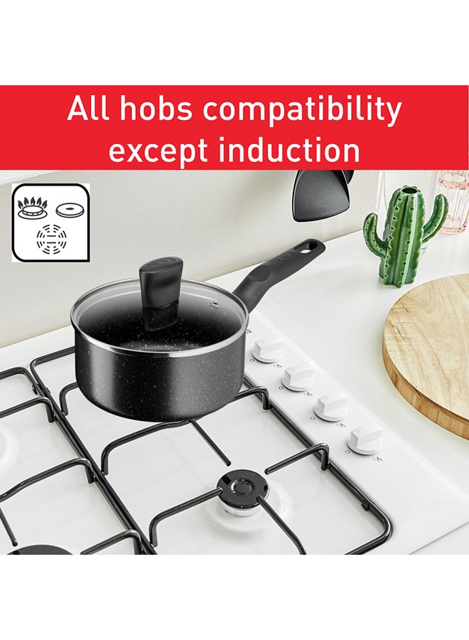 TEFAL Dark Stone | 7 pc set | Non-stick Cookware | Safe coating | Heat indicator | Ergonomic handles | Glass lid | Gas | Electric | Ceramic hobs | 2 Years Warranty | B491S785 Marble - Black Whith Grey Dots