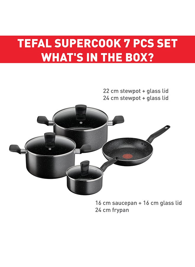 TEFAL Dark Stone | 7 pc set | Non-stick Cookware | Safe coating | Heat indicator | Ergonomic handles | Glass lid | Gas | Electric | Ceramic hobs | 2 Years Warranty | B491S785 Marble - Black Whith Grey Dots