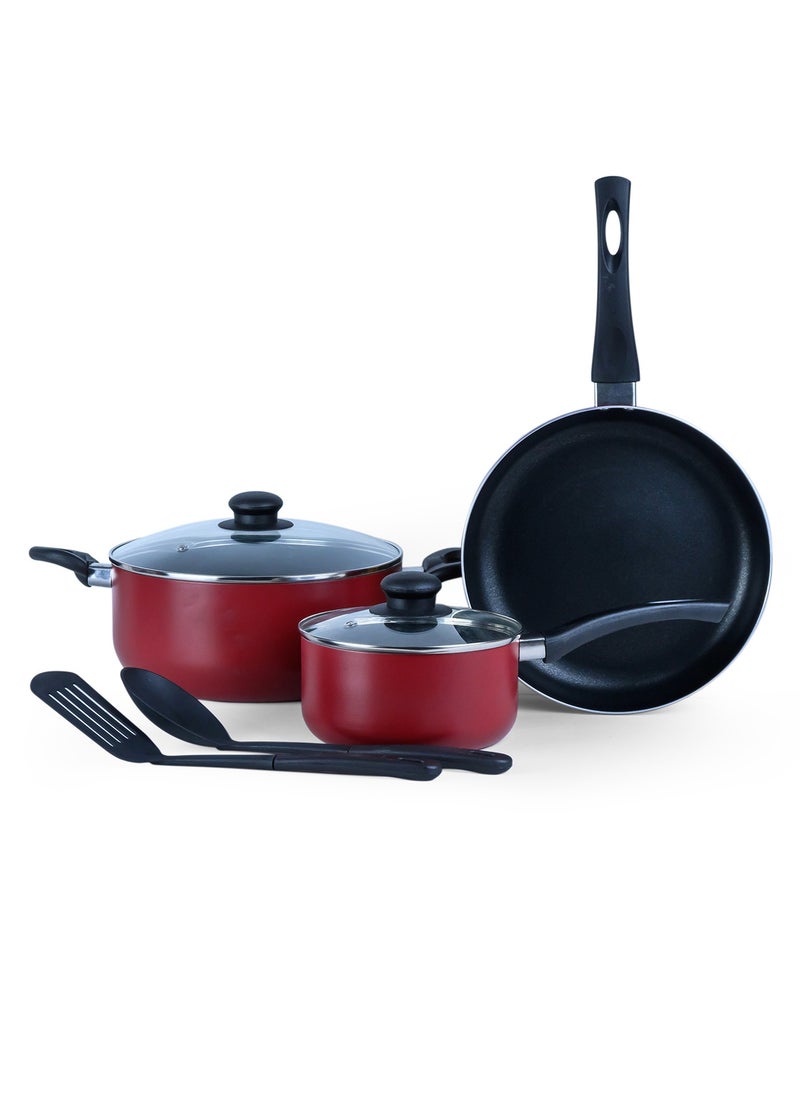 Wilson Lara 7-Piece Nonstick Cookware Set – Aluminum Pots & Pans with Glass Lids, Heat-Resistant Handles – Compatible with Gas & Electric Stoves – Red