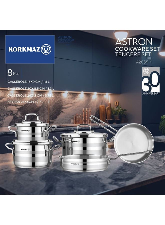 Korkmaz Astron Cookware Set 8 Pieces | Stainless Steel Pots and Pans Set | Induction Base Pans Set - 2055 Silver