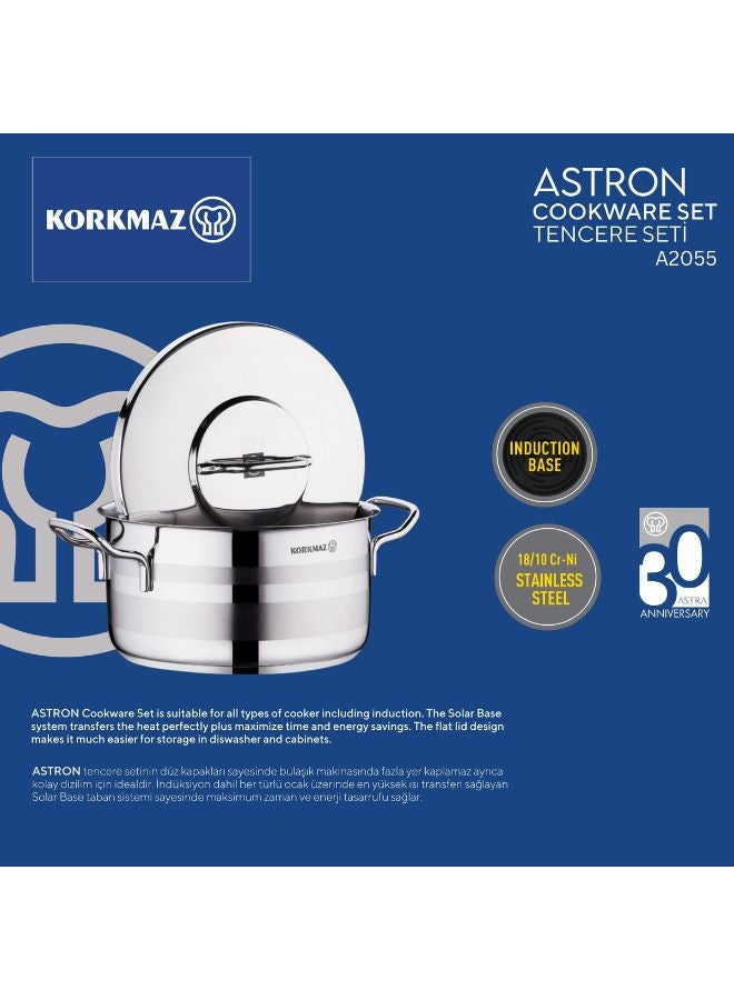 Korkmaz Astron Cookware Set 8 Pieces | Stainless Steel Pots and Pans Set | Induction Base Pans Set - 2055 Silver