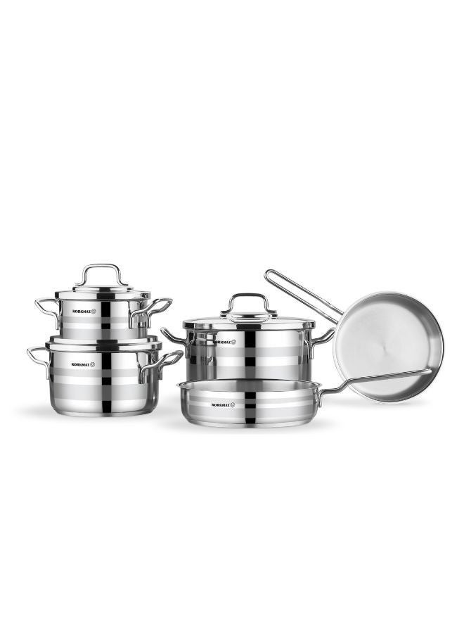 Korkmaz Astron Cookware Set 8 Pieces | Stainless Steel Pots and Pans Set | Induction Base Pans Set - 2055 Silver