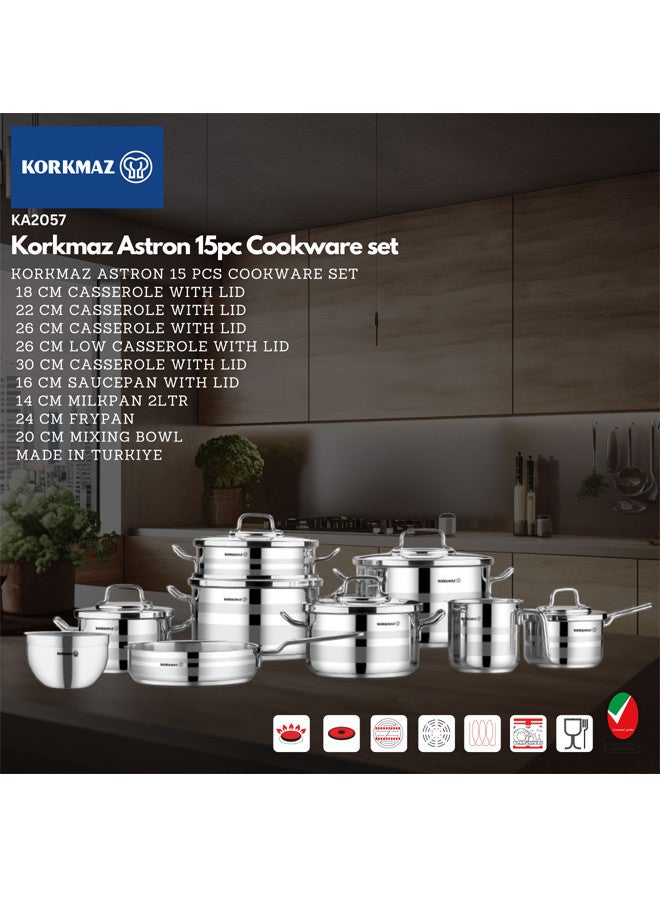 Korkmaz Astron 15pc Cookware set | Stainless Steel Pots And Pans Set | Induction Cooking Set - KA2057 Silver