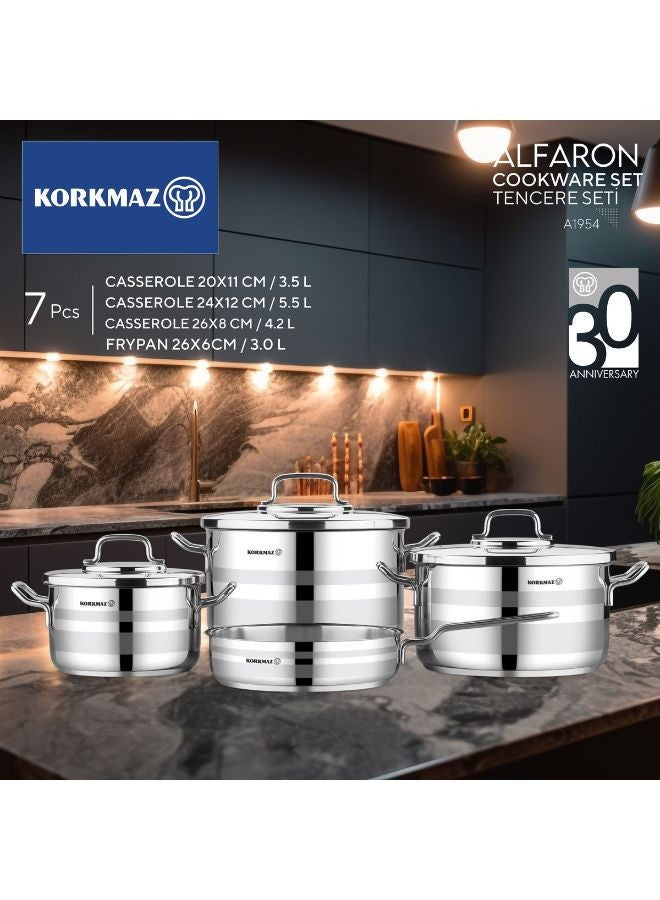 Korkmaz Astron 7 pcs Cookware Set | Pots and Pans Set | Stainless Steel Inductions Cookware Sets A2054 Silver