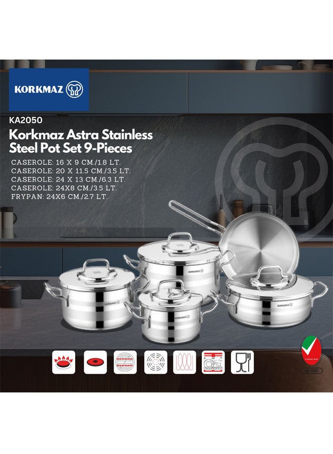 Korkmaz Astra Stainless Steel Pot Set 9-Pieces | Stainless Steel Pots And Pans Set | Induction Cooking Set - KA2050 Silver