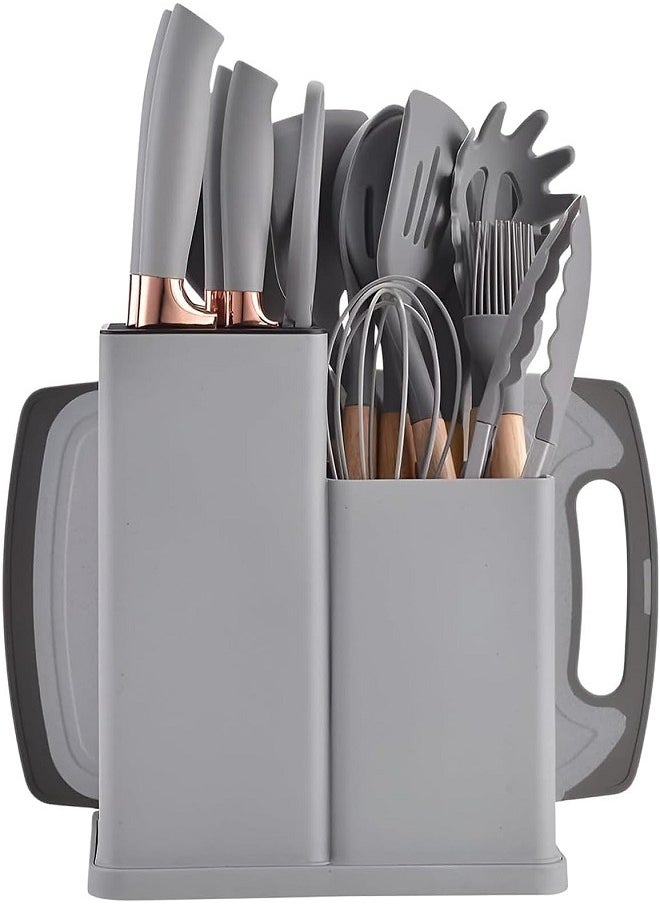 X spring Kitchen Utensils Set, 19 Pcs Silicone Cooking Utensils with Holder, BPA-Free, Non Toxic Heat Resistant Utensils Set, Cooking Utensils Set for Non Stick Cookware, Kitchen Essentials (Grey)