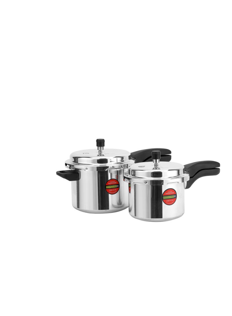 Royalford 3.0 L & 5.0 L Combo Aluminum Pressure Cooker- RF11943| Equipped with Improved Pressure Regulator, Handle, Anti Implosion Lid and Stepped Bottom Design Silver