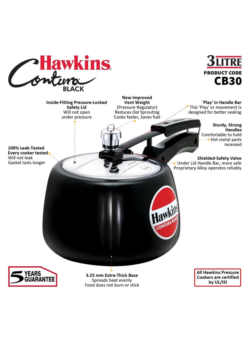 Hawkins 3 Litre Contura Black Pressure Cooker, Hard Anodised Inner Lid Cooker, Handi Cooker, Black (CB30)