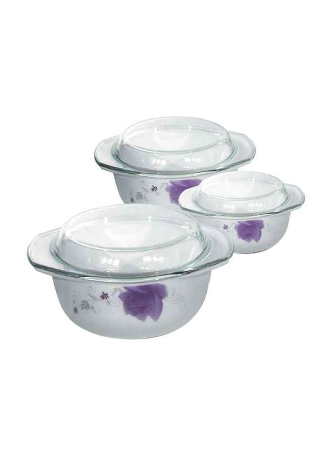 3-Piece Multipurpose Opalware Casserole Set With Glass Lids White/Clear/Purple 2.4Liters