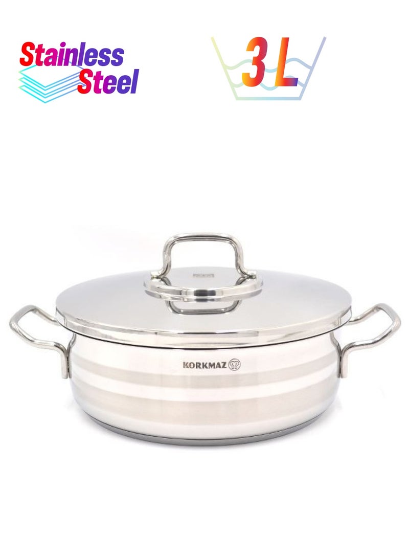 Korkmaz Astra2 Low Casserole, 3.5 Ltr Stainless Steel 24X8 Cmcm
