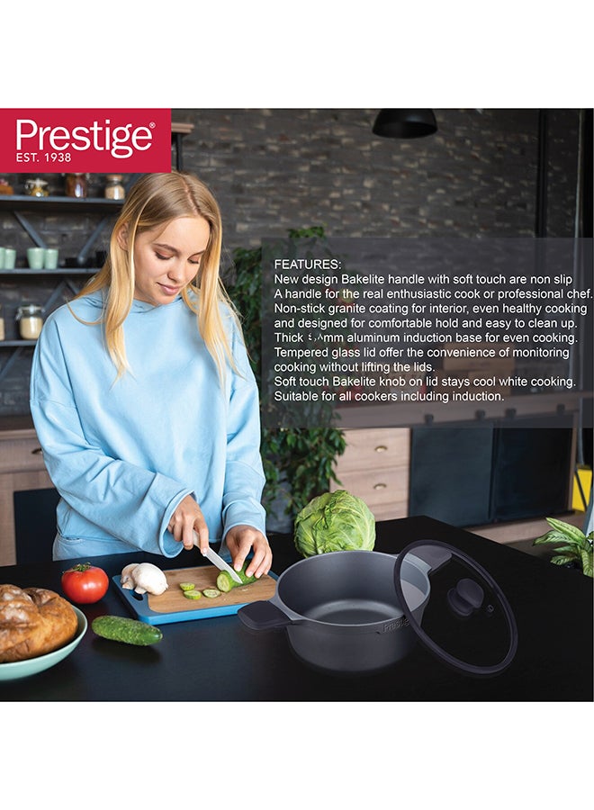Prestige Essential Cast Aluminum Black 28 Cm Casserole With Glass Lid |  Non Stick Induction-Based Stockpot With Lid Black 28 cmcm