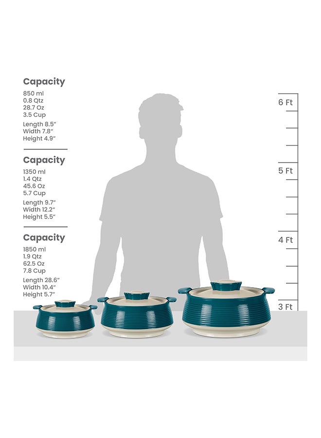 3-Piece Casserole Set (850ml, 1.35L, 1.85L) Double-Walled Hotpot with PU Insulation & Stainless Steel Inner, Keeps Food Hot/Cold, Perfect for Serving Chapati, Roti & Mandi - Venice Reg Marble Green 1.85Liters