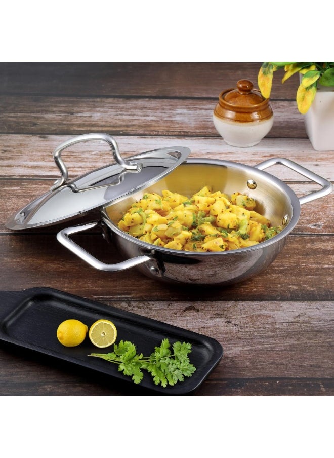 Vinod Platinum Triply Stainless Steel Extra Deep Kadai/Kadhai with Stainless Steel Lid - 1.2 Litres, 18 CM, VTK018, Cooking Pot, Frypan, Casserole