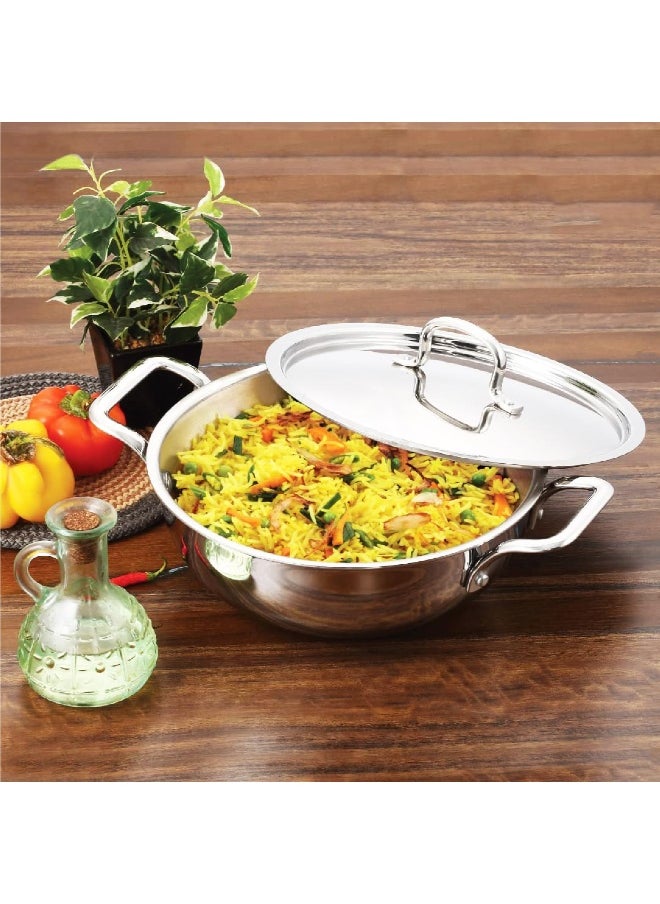 VINOD PLATINUM TRIPLY STAINLESS STEEL EXTRA DEEP KADAI/KADHAI WITH STAINLESS STEEL LID - 3.2 LITERS (24 CM), VTK024, COOKING POT, FRYPAN, CASSEROLE