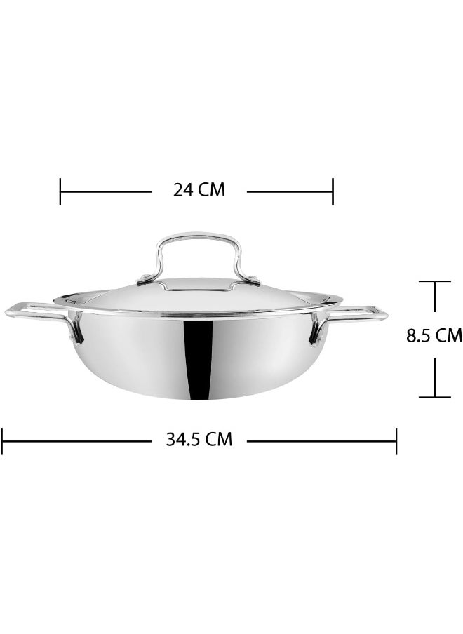 VINOD PLATINUM TRIPLY STAINLESS STEEL EXTRA DEEP KADAI/KADHAI WITH STAINLESS STEEL LID - 3.2 LITERS (24 CM), VTK024, COOKING POT, FRYPAN, CASSEROLE