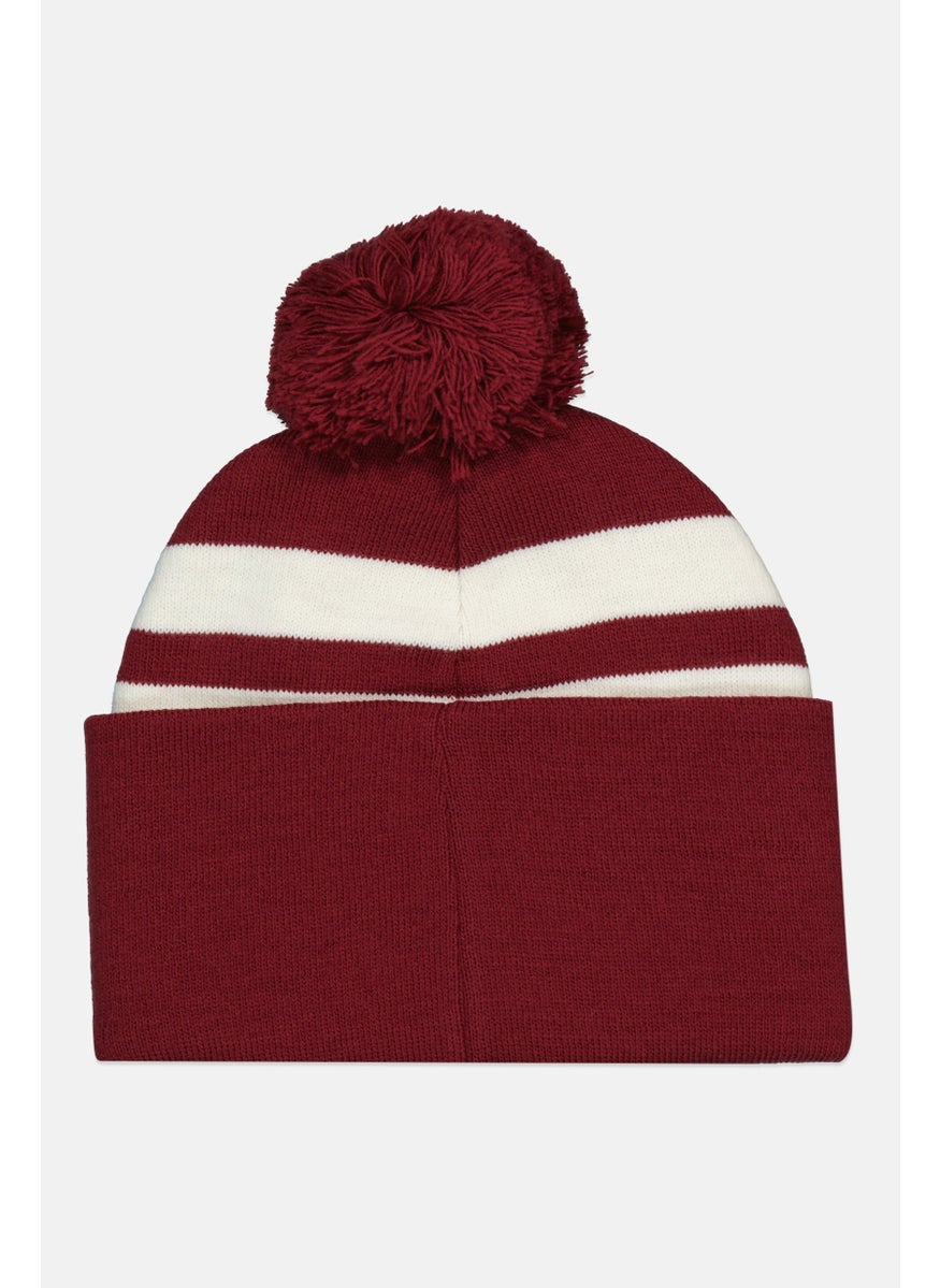 Women Embroidered Logo Pom Pom Beanie Hat, Maroon