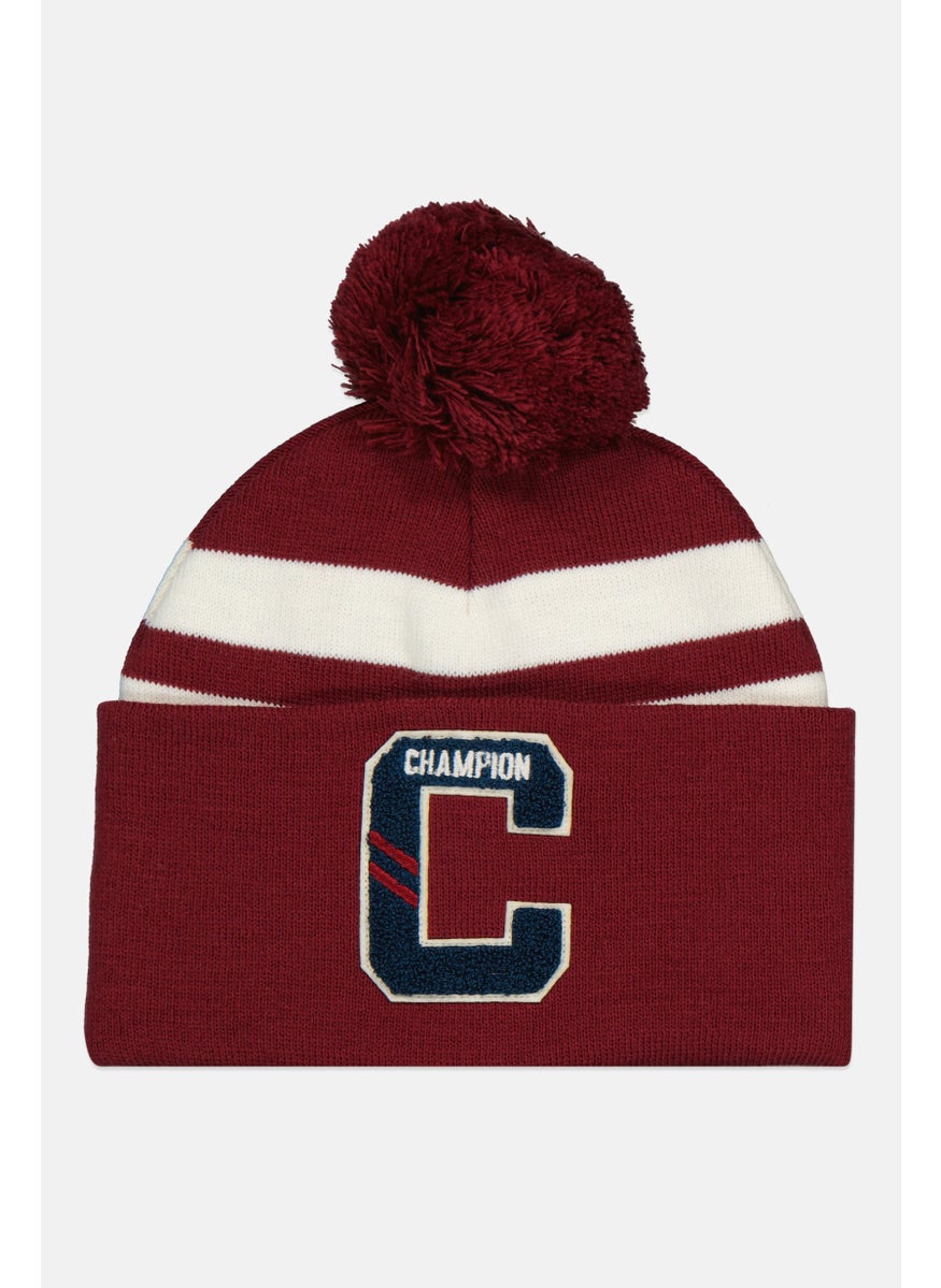 Women Embroidered Logo Pom Pom Beanie Hat, Maroon