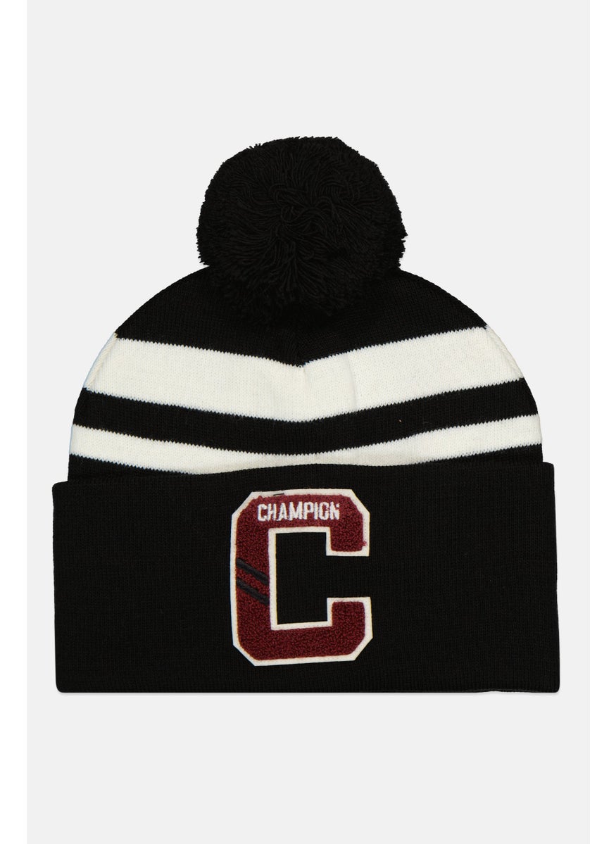 Women Embroidered Logo Pom Pom Beanie Hat, Black