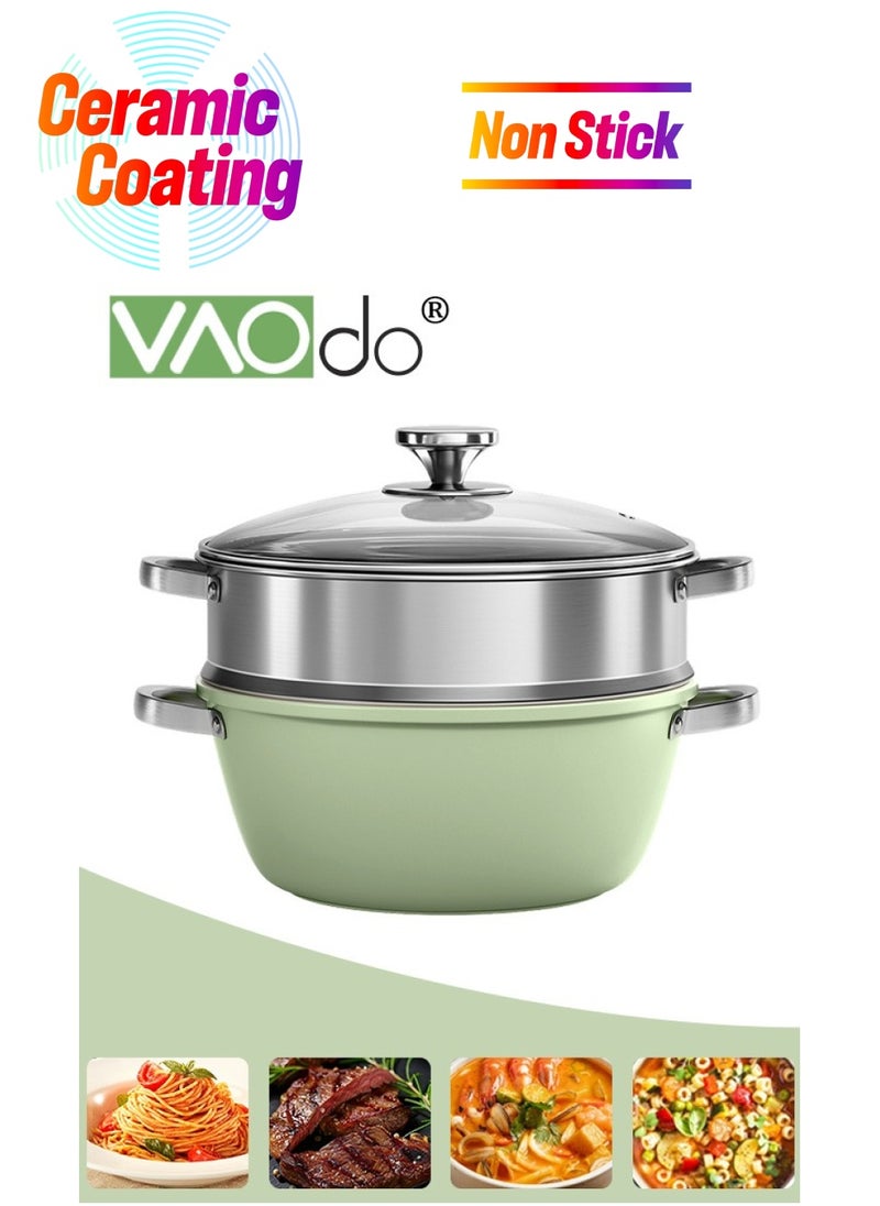 Ceramic Stockpot with Steamer Nonstick Stock PFOA Free Soup Pot Usable on All Stoves for Braising Stews Roasting Bread Baking 26cm