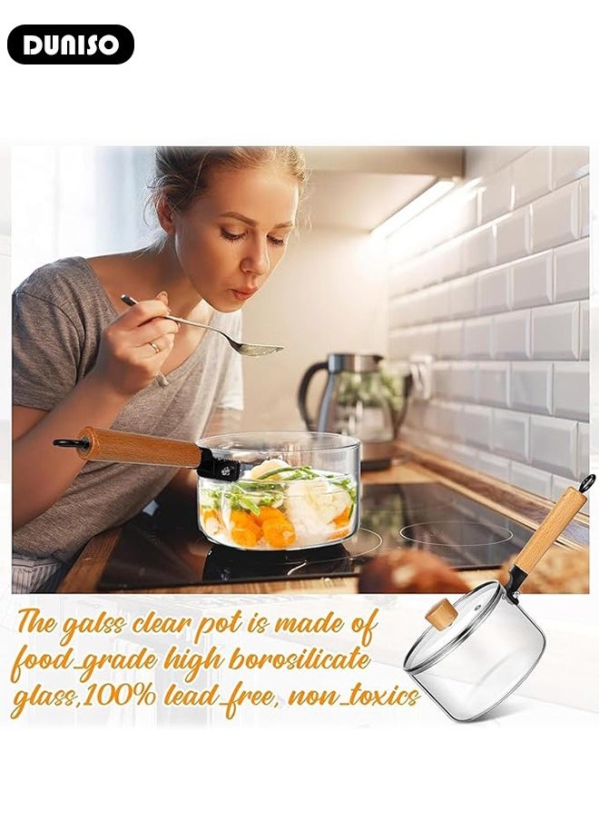 Glass Pot for Cooking on Stove Kitchen Glass Cookware Clear Cooking Pot with Lid Handle,Simmer Saucepan Resistant Safe for Pasta Noodle Soup Milk Baby Food