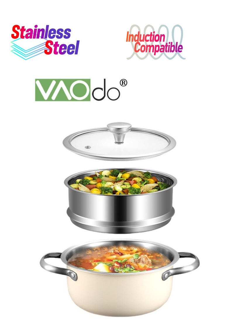 Ceramics Stock Cookin Pot with Lid and Steamer Double Handle Stock Suitable for All Stovetops Sauce Pot Dishwasher Safe 20cm