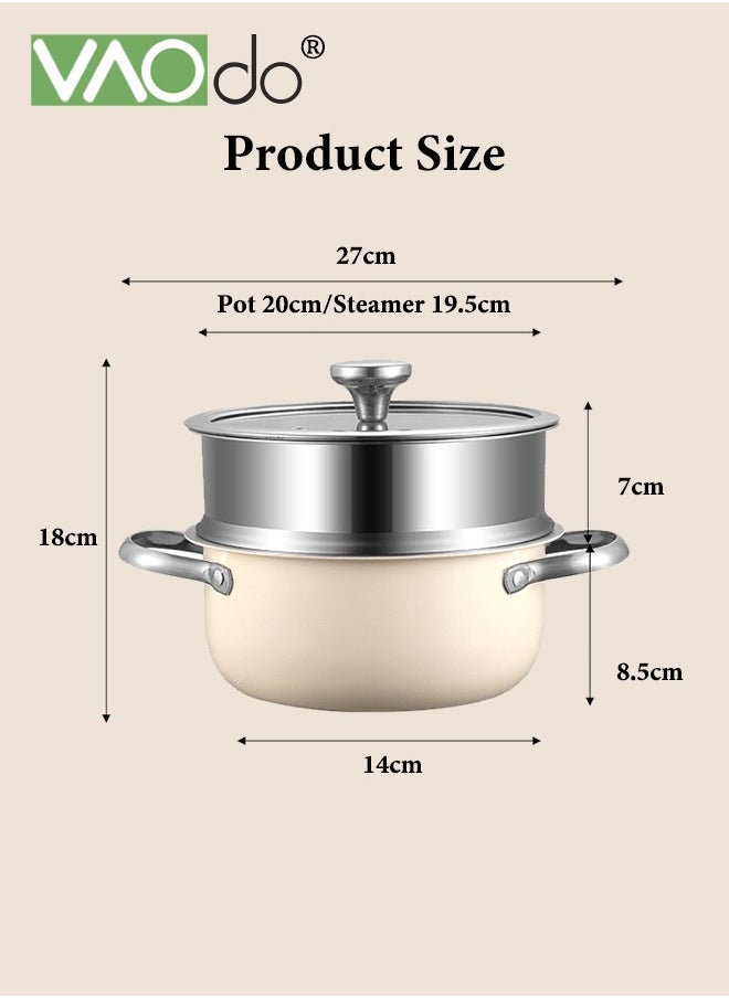 Ceramics Stock Cookin Pot with Lid and Steamer Double Handle Stock Suitable for All Stovetops Sauce Pot Dishwasher Safe 20cm