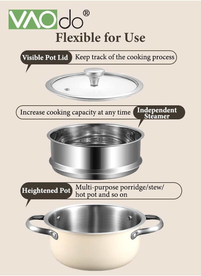 Ceramics Stock Cookin Pot with Lid and Steamer Double Handle Stock Suitable for All Stovetops Sauce Pot Dishwasher Safe 20cm