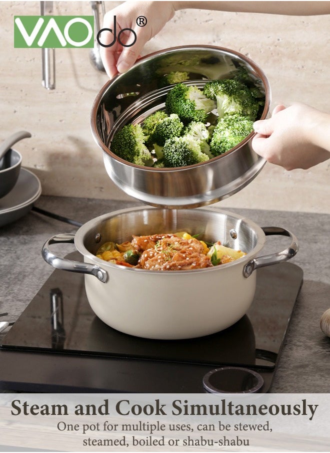 Ceramics Stock Cookin Pot with Lid and Steamer Double Handle Stock Suitable for All Stovetops Sauce Pot Dishwasher Safe 20cm