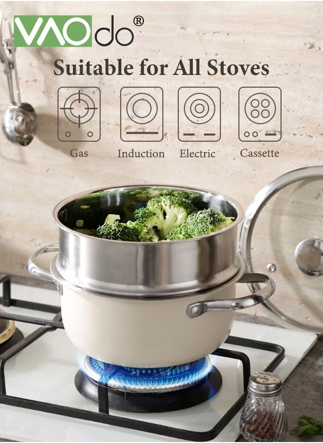 Ceramics Stock Cookin Pot with Lid and Steamer Double Handle Stock Suitable for All Stovetops Sauce Pot Dishwasher Safe 20cm