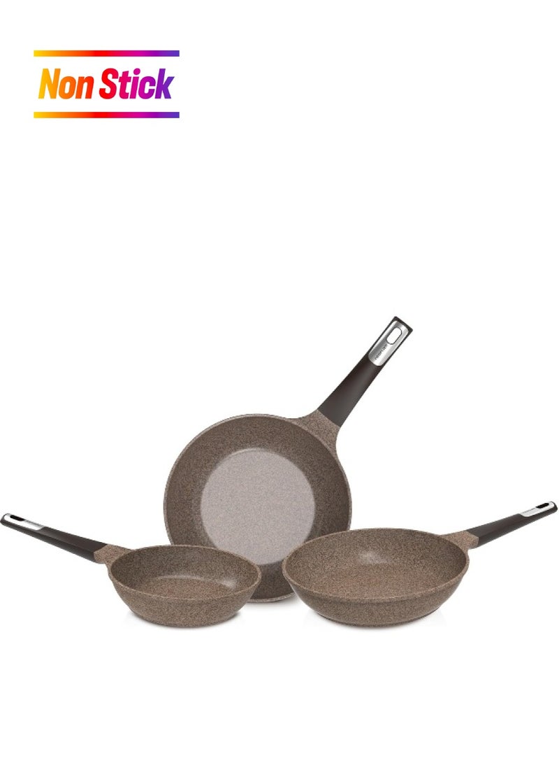 Tily 3 Pieces Set 1 Wok 26 Cm 2 Frypan 20 24 Cm Coffee Brown Marble 3 Pieces Set