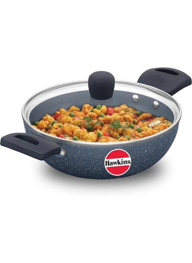 Hawkins Ceramic Nonstick 1.75 Litre Deep Kadhai, Induction Deep Fry Pan with Glass Lid, Granite Kadai