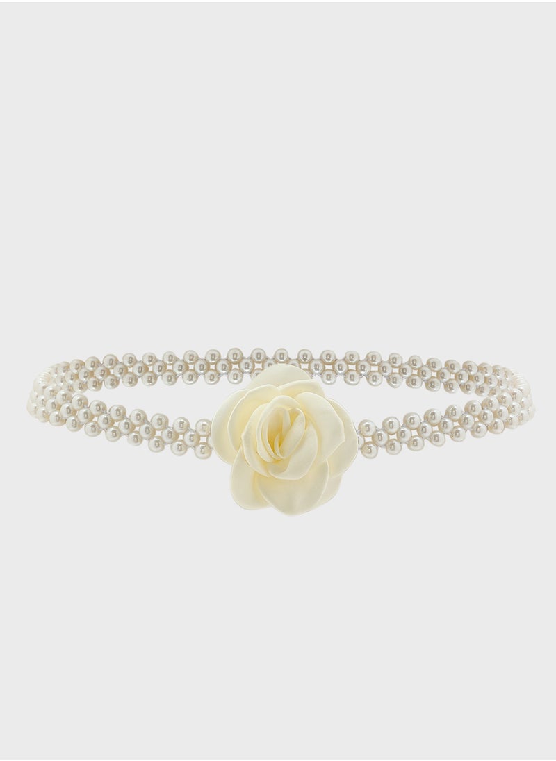 Rose Floral Trim Pearl Waist Belt