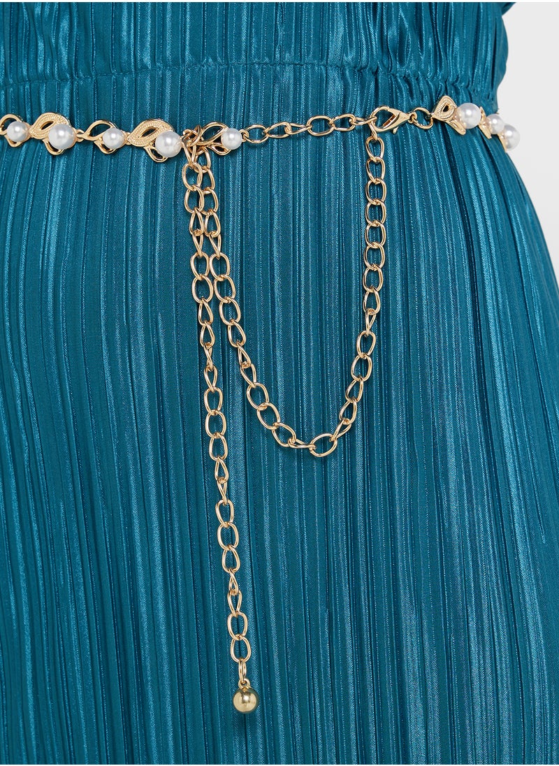 Leaf Pattern Pearl Chain Belt