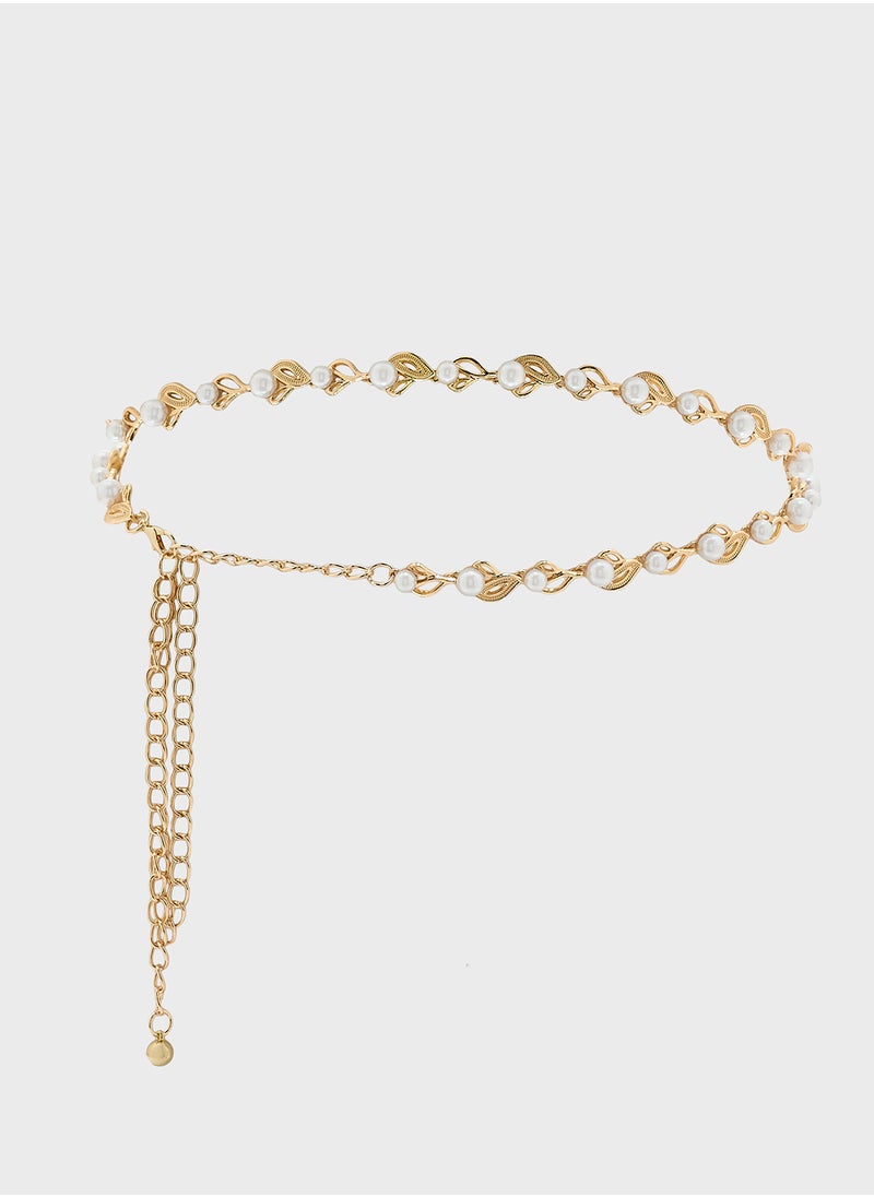 Leaf Pattern Pearl Chain Belt