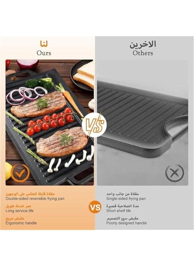 Rectangular thicken Cast Iron Griddle, Reversible Grill Pan Plate Double Sided Baking Tray Induction Grill Stove Top Campfire Portable Black Rock BBQ Grill for Indoor Outdoor Picnic Party Camping