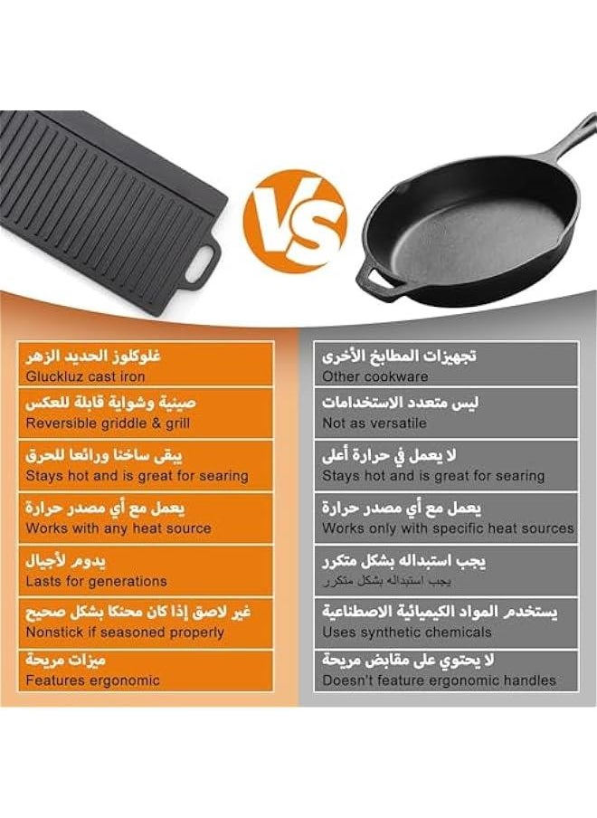 Rectangular thicken Cast Iron Griddle, Reversible Grill Pan Plate Double Sided Baking Tray Induction Grill Stove Top Campfire Portable Black Rock BBQ Grill for Indoor Outdoor Picnic Party Camping