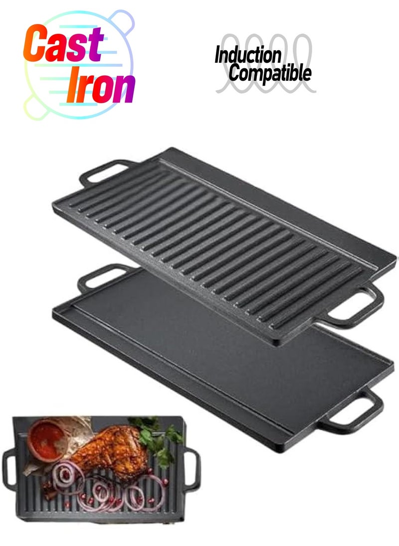 Rectangular thicken Cast Iron Griddle, Reversible Grill Pan Plate Double Sided Baking Tray Induction Grill Stove Top Campfire Portable Black Rock BBQ Grill for Indoor Outdoor Picnic Party Camping