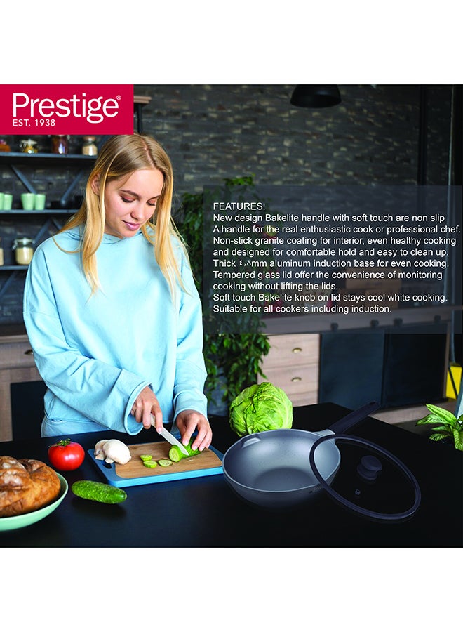 Prestige Essential Cast Aluminum Black 28Cm Wok With Glass Lid | Non Stick Induction-Based Wok Pan With Lid Black 28Cmcm