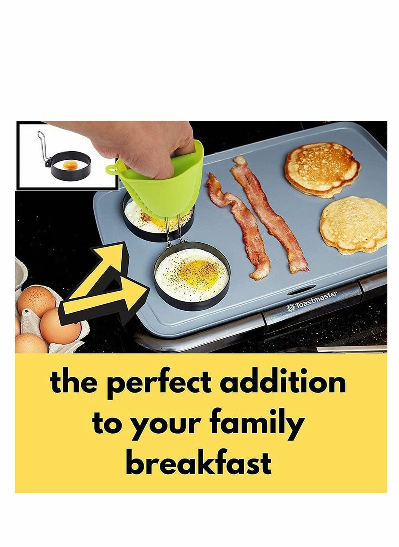 Egg Ring Mold 4 Pack Stainless Steel Non-Stick Metal Circle Shaper Round Egg Cooker Rings Maker Set For Frying Mcmuffin Shaping Eggs Sandwiches With Silicone Brush S-Shaped Hook Oven Glove